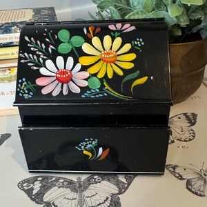Ransburg Handpainted Floral Black Toleware Recipe Box Country Farmhouse Tin